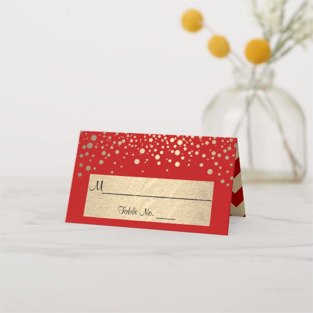 Red and Gold Chevron and Confetti Dots - Wedding Place Card (Front)