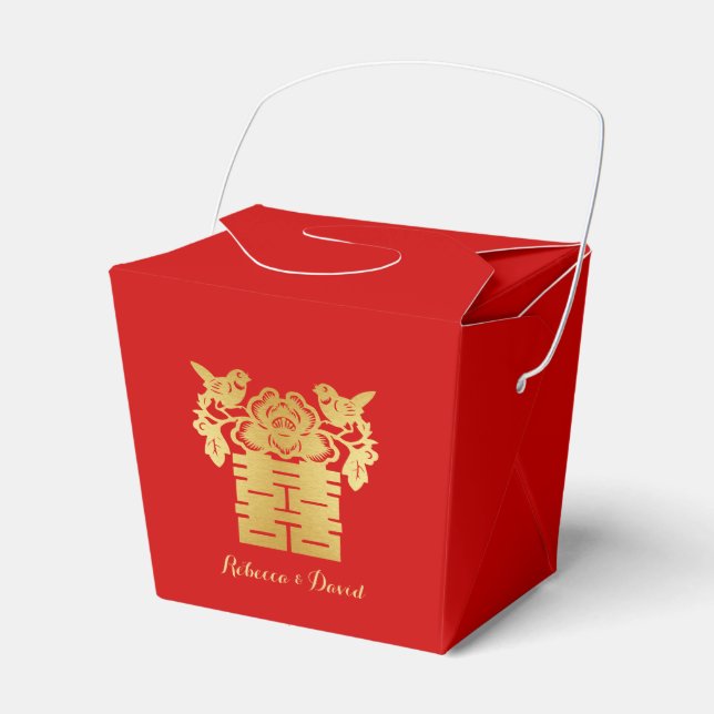 Red and Gold Chinese Love Birds Double Happiness Favour Box (Front Side)