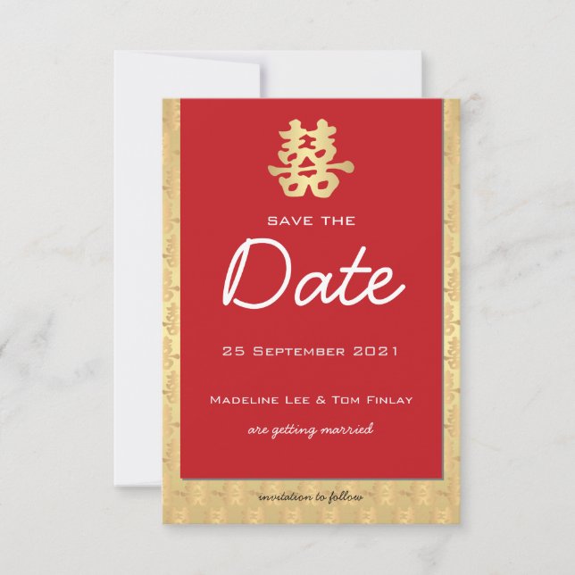 Red and Gold Chinese Wedding Save the Date (Front)