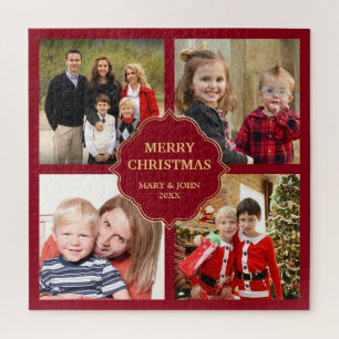 Red and Gold Christmas 4 Square Photos Collage Jigsaw Puzzle