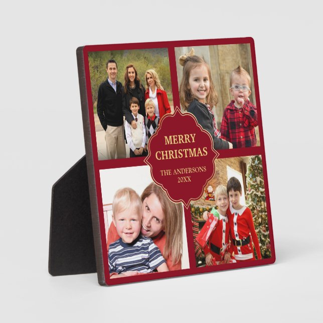 Red and Gold Christmas 4 Square Photos Collage Plaque (Front)