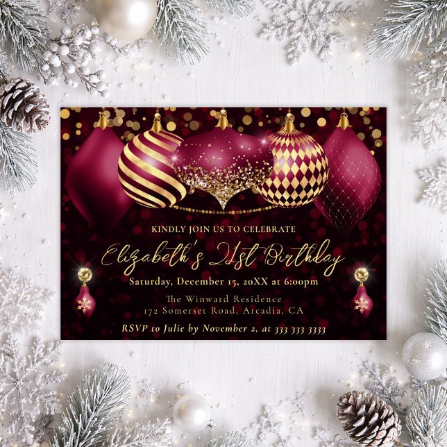 Red and Gold Christmas Baubles 21st Birthday Invitation (Creator Uploaded)
