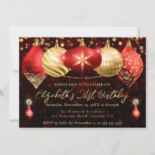 Red and Gold Christmas Baubles Birthday Party Invitation