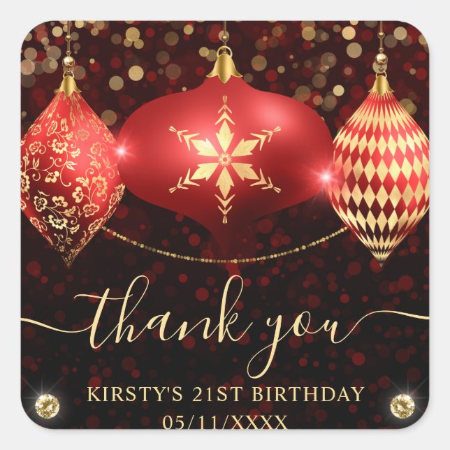 Red and Gold Christmas Baubles Birthday Square Sticker (Front)