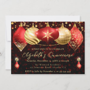 Red and Gold Christmas Baubles Quinceanera Invitation