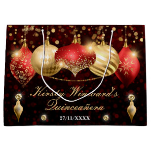 Red and Gold Christmas Baubles Quinceañera Large Gift Bag