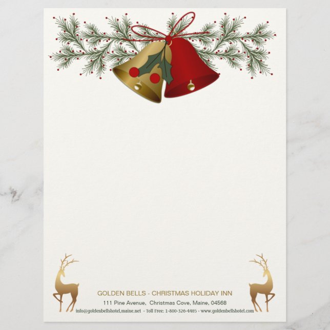 Red and gold Christmas bells, holly and pine Custom Letterhead (Front)