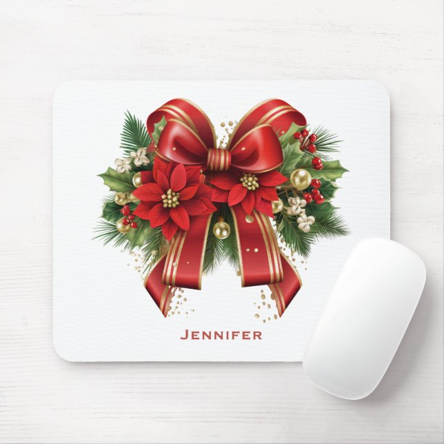 Red and Gold Christmas Bow Festive Mouse Mat (With Mouse)