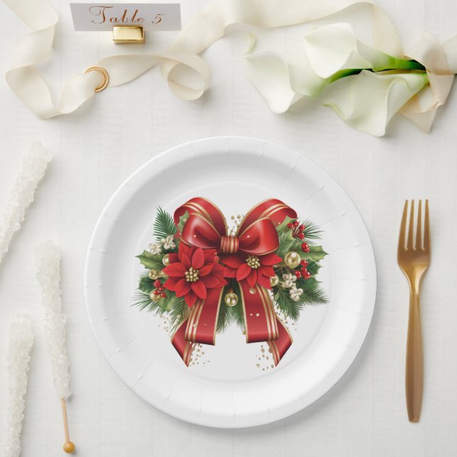 Red and Gold Christmas Bow Festive Paper Plate (Wedding)