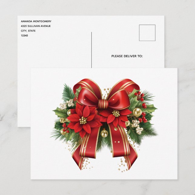 Red and Gold Christmas Bow Festive Postcard (Front/Back)