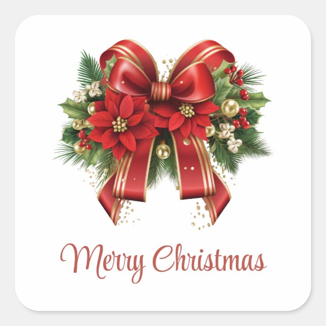 Red and Gold Christmas Bow Festive Square Sticker (Front)
