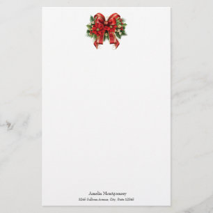 Red and Gold Christmas Bow Festive Stationery