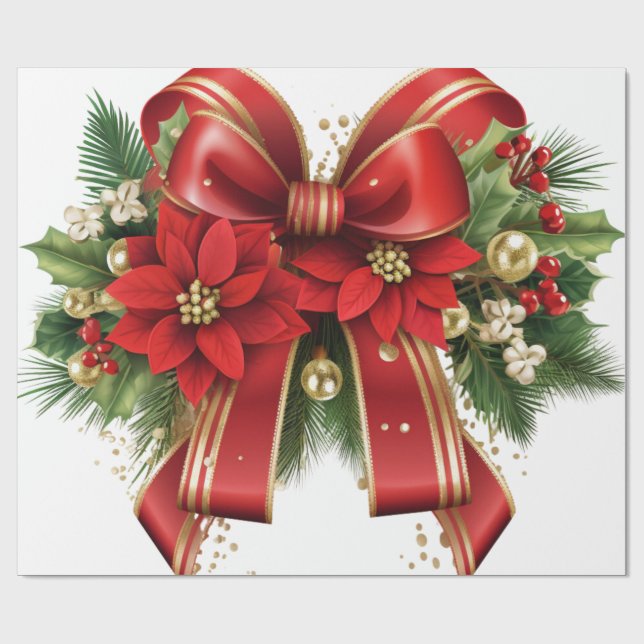 Red and Gold Christmas Bow Festive Wrapping Paper (Flat)