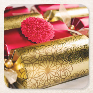 Red and Gold Christmas Crackers Square Paper Coaster