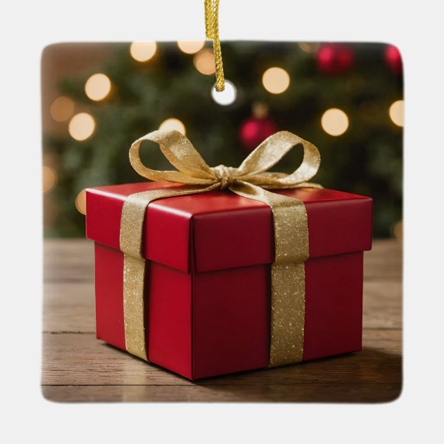 Red And Gold Christmas Gift Ceramic Ornament (Front)