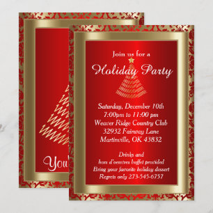 Red and Gold Christmas Holiday Tree Invitation