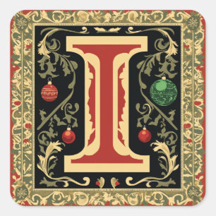 Red and Gold Christmas Letter I Festive Accents Square Sticker