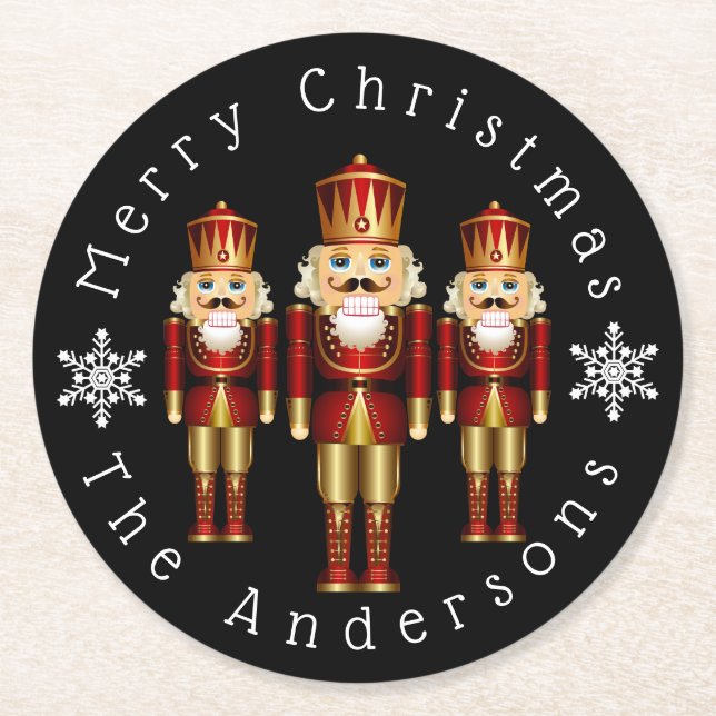 Red and Gold Christmas Nutcrackers Personalise Rou Round Paper Coaster (Front)