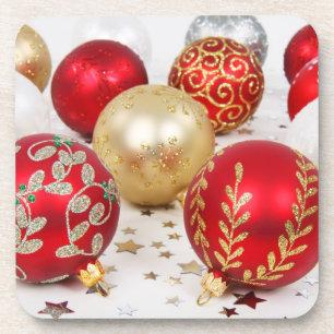 Red and Gold Christmas Ornaments Beverage Coasters