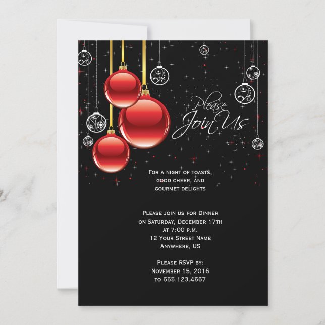 Red and Gold Christmas Ornaments on Black Party Invitation (Front)