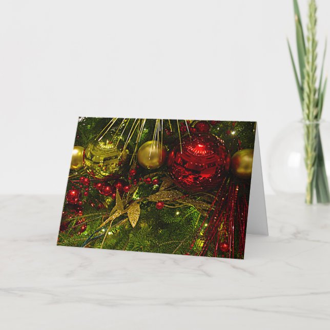 Red and Gold Christmas Ornaments on Xmas Tree Card (Front)