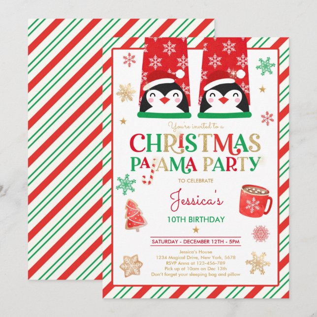 Red And Gold Christmas Pajama Birthday Party Invitation (Front/Back)