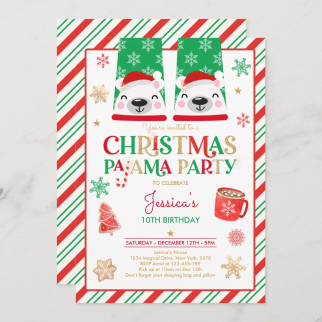 Red And Gold Christmas Pajama Birthday Party Invitation (Front/Back)