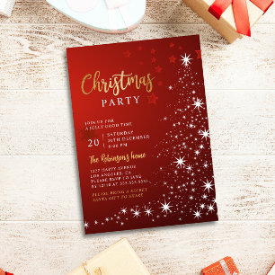Red And Gold Christmas Party Stars Tree Invitation