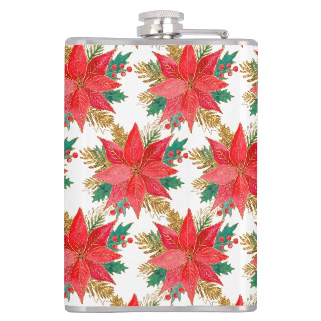 Red and gold Christmas poinsettia pattern Hip Flask (Back)