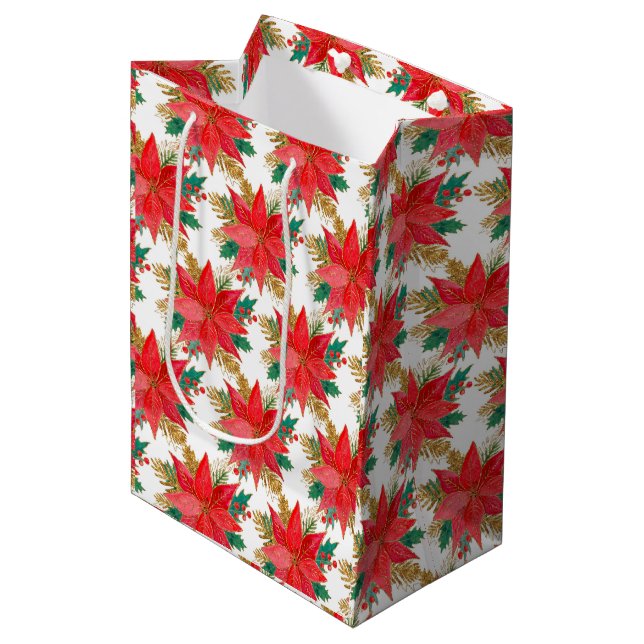 Red and gold Christmas Poinsettia Pattern Medium Gift Bag (Front Angled)