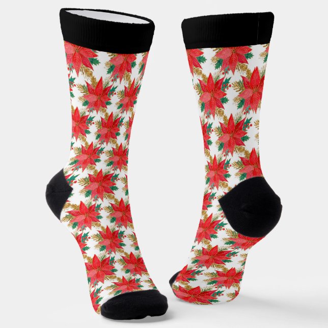Red and gold Christmas poinsettia pattern Socks (Angled)