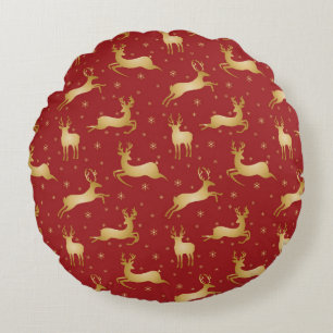 Red and gold Christmas reindeer Round Cushion
