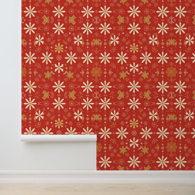Red and Gold Christmas Snowflake Pattern Wallpaper (Application)
