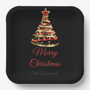 Red and Gold Christmas Tree Paper Plate