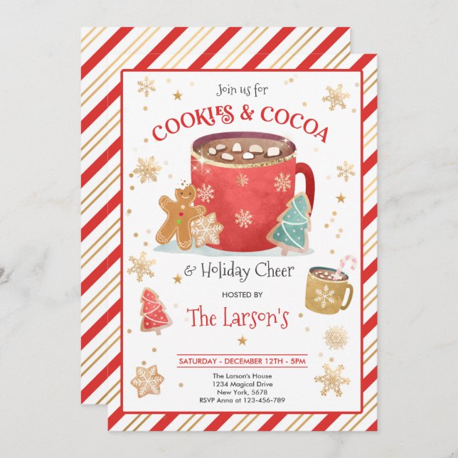 Red And Gold Cookies And Hot Cocoa Holiday Party Invitation (Front/Back)