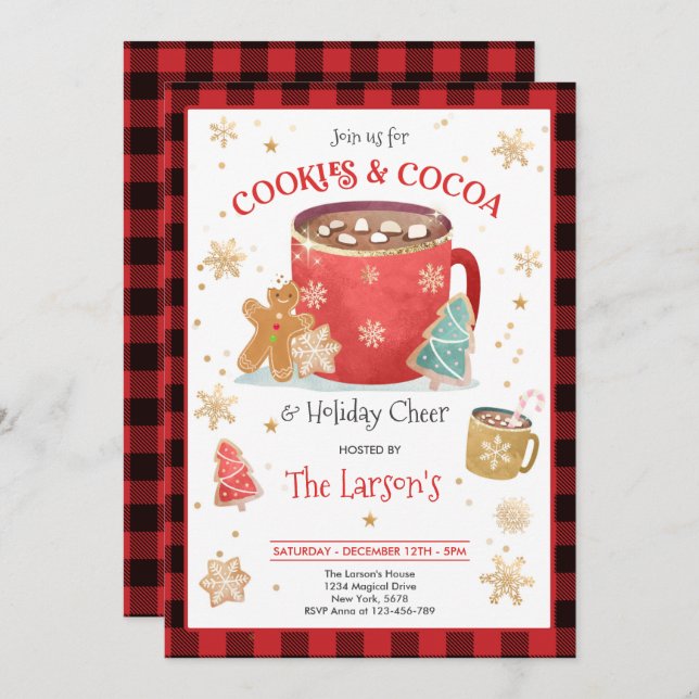 Red And Gold Cookies And Hot Cocoa Holiday Party Invitation (Front/Back)