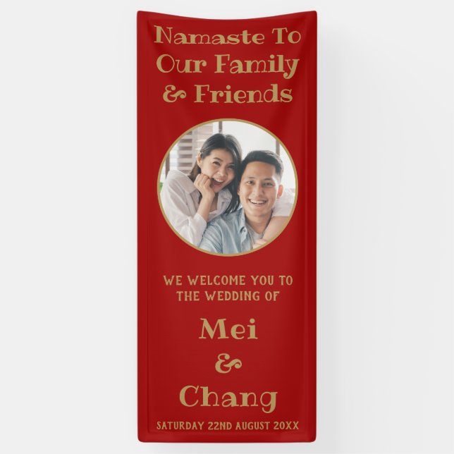 Red And Gold Couple Photo Wedding Welcome Banner (Vertical)