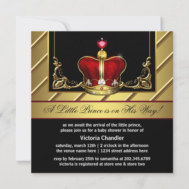 Red and Gold Crown Prince Baby Shower Invitation (Front)