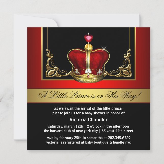 Red and Gold Crown Prince Baby Shower Invitation (Front)