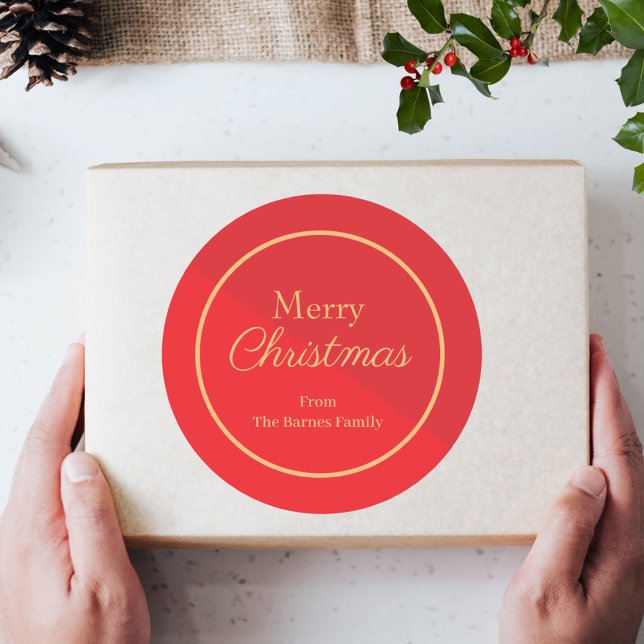 Red And Gold Custom Merry Christmas  Classic Round Sticker (Creator Uploaded)