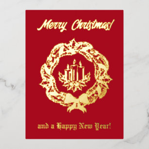 Red and Gold Custom Text Wreath Candles Christmas Foil Holiday Postcard