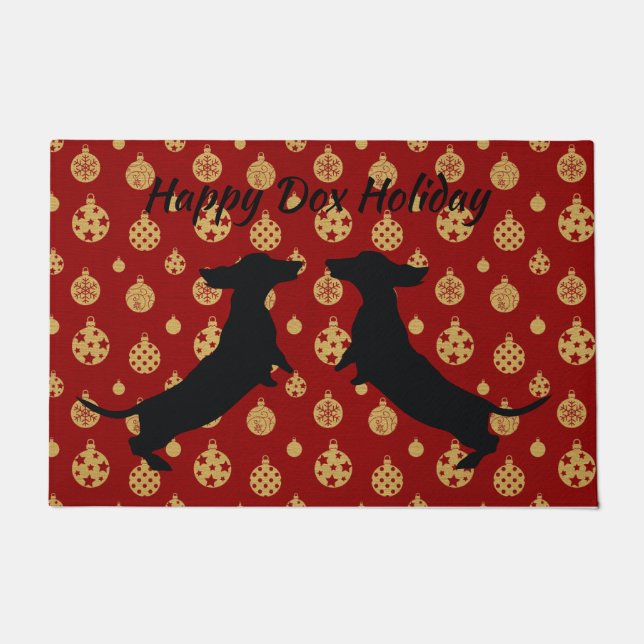 Red and Gold Dachshund Silhouette Holiday Door Mat (Front)