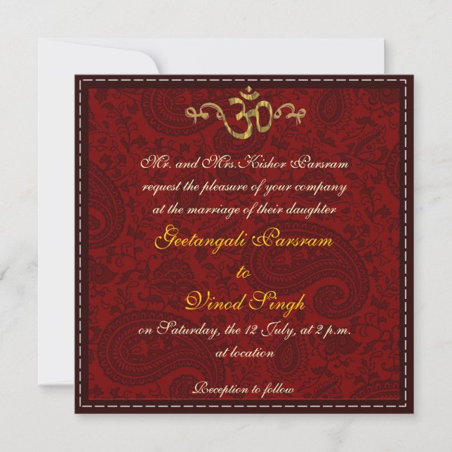 Red and gold damask brocade Hindu wedding Invitation (Front)