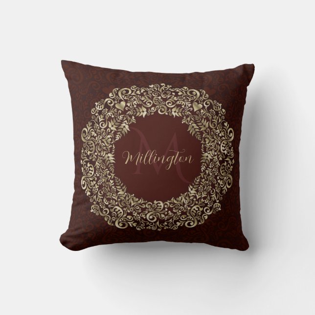 Red and Gold Damask Monogram Decorative Cushion (Front)