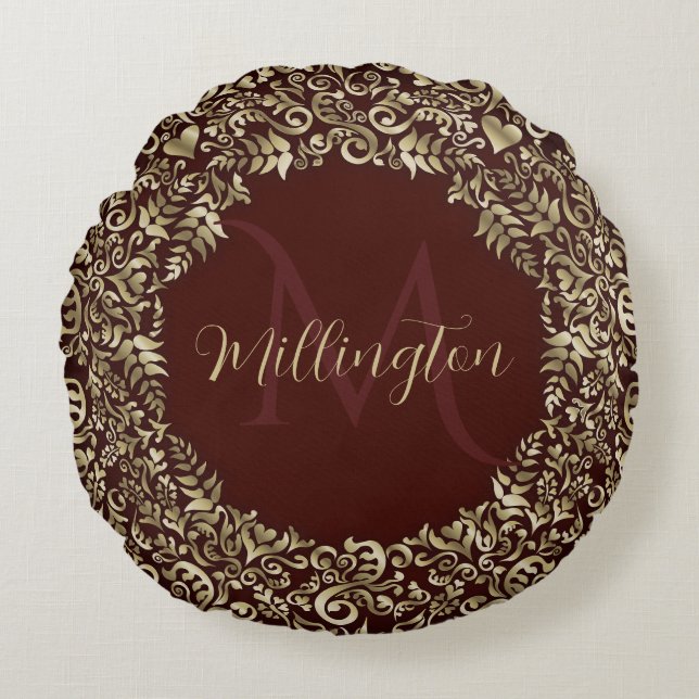Red and Gold Damask Monogram Decorative Round Cushion (Front)