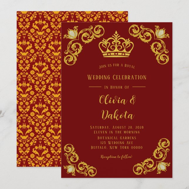 Red and Gold Damask Royal Wedding Invitation (Front/Back)