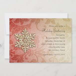 Red and Gold Damask Snowflake Holiday Party Invitation