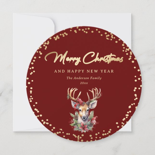 Red and Gold Deer Merry Christmas Holiday Card (Front)