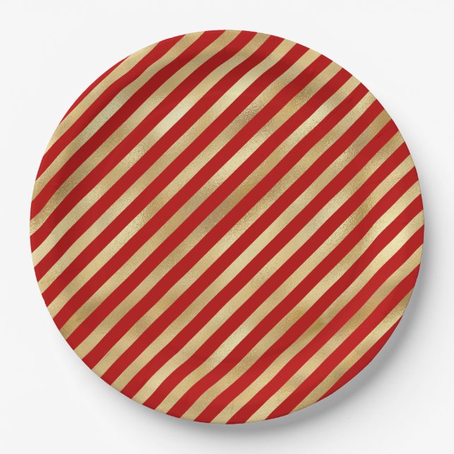 Red and Gold Diagonal Stripes Festive Paper Plate (Front)