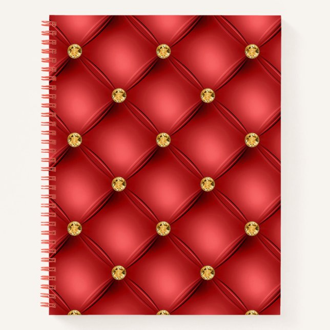 Red and Gold Diamond Tufted Leather Texture Luxury Notebook (Front)